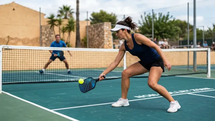 Jugador de pickleball volea junto a la línea de la zona de no volea
