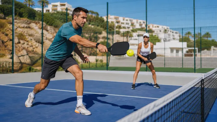 Jugador de pickleball flexionado junto a la línea de la pista con la pelota perforada en primer plano