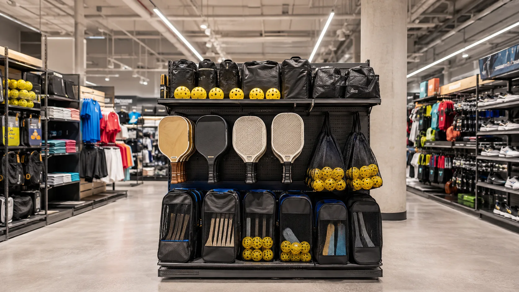 Expositor de tienda deportiva con palas, pelotas y bolsas de pickleball