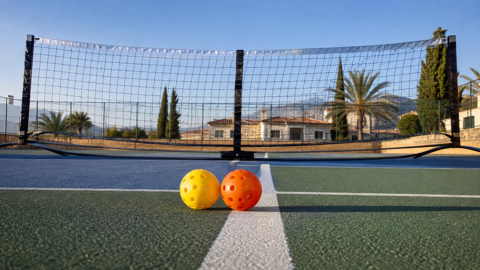 Pelotas perforadas de pickleball frente a una red portátil sobre una pista exterior