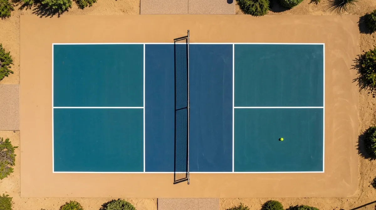 Vista cenital de una pista de pickleball con la zona de no volea en color más oscuro a ambos lados de la red