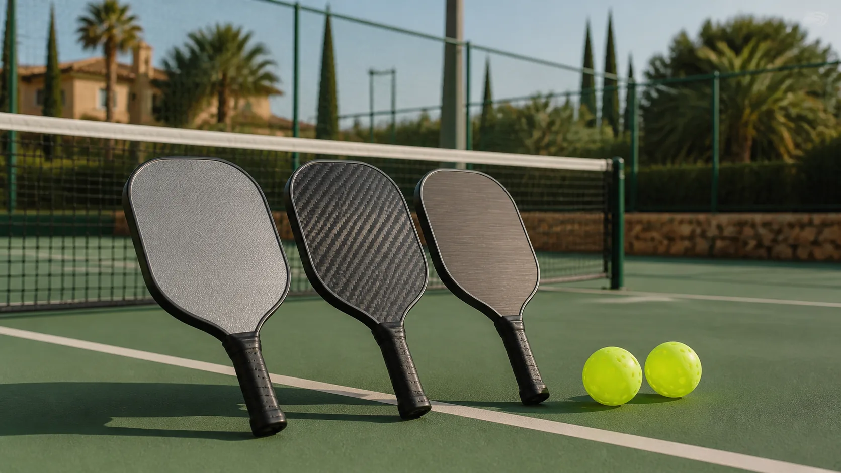 Tres palas de pickleball con superficies de fibra de vidrio, carbono y material compuesto