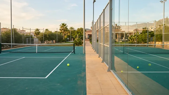 Pista de pickleball junto a una pista de pádel con paredes de cristal