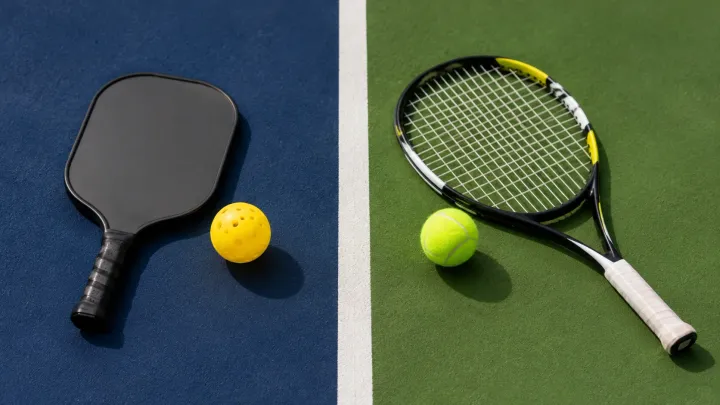 Pista de pickleball con red junto a una pista de pádel al atardecer