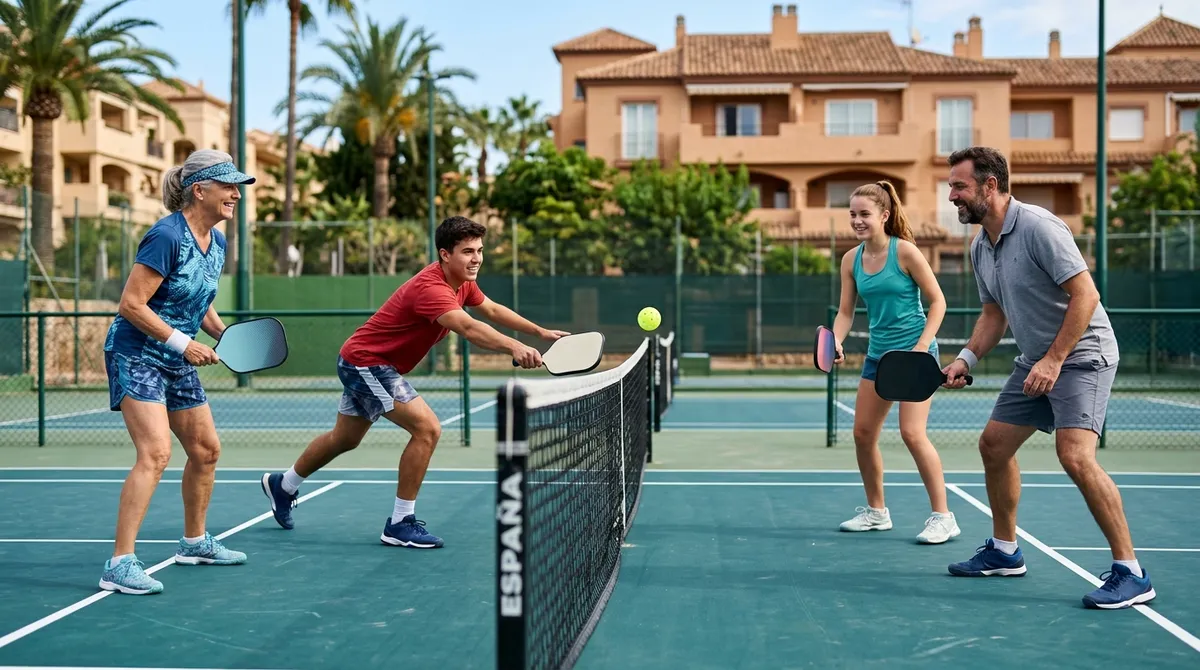 Partido de dobles de pickleball en una pista exterior en España, con jugadores de distintas edades junto a la red