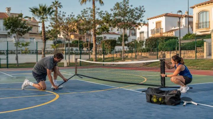 Pista de pickleball con su red vista de frente, junto a una pista de pádel de cristal