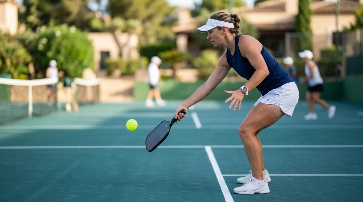 Saque de pickleball ejecutado por debajo de la cintura con movimiento ascendente de la pala