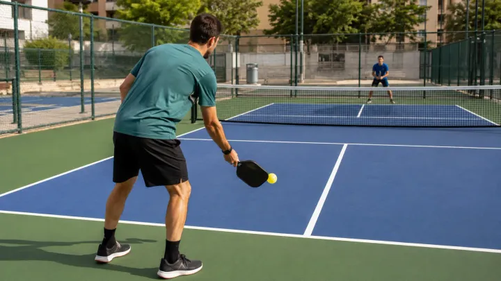 Pista de pickleball en un patio con dos palas de madera y una pelota sobre la línea de fondo