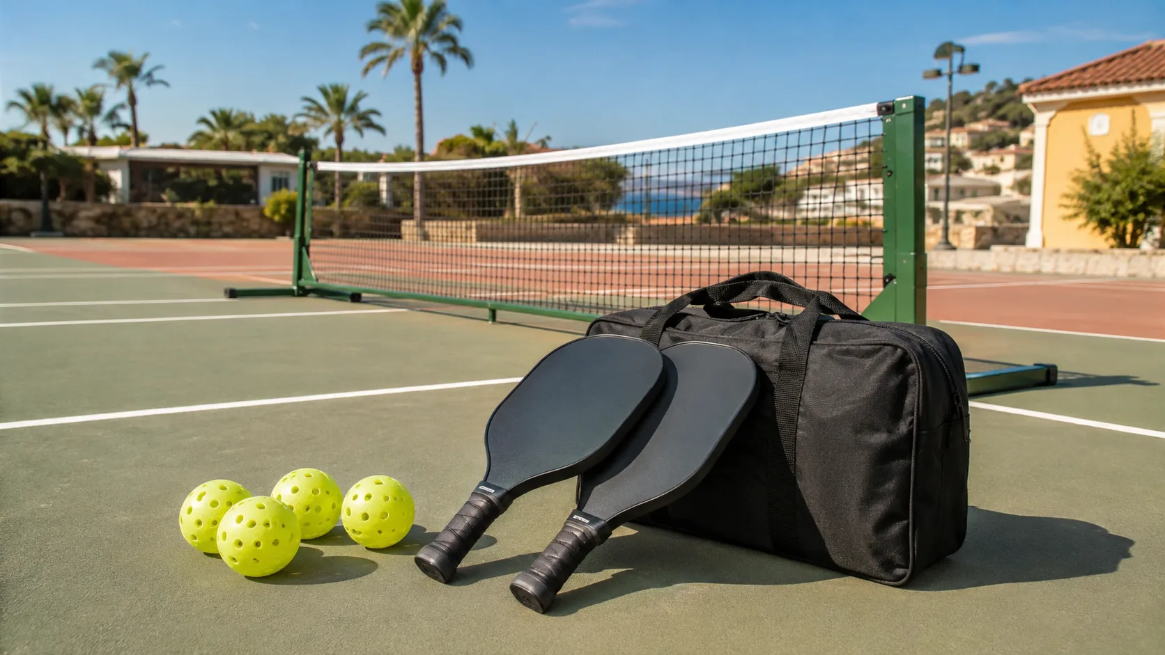 Set para empezar a jugar al pickleball con dos palas, pelotas, bolsa y red portátil