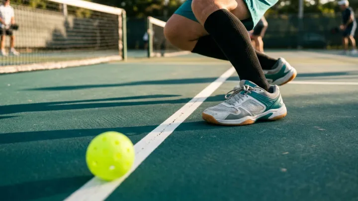 Zapatillas deportivas de pista sobre la superficie azul de una pista de pickleball
